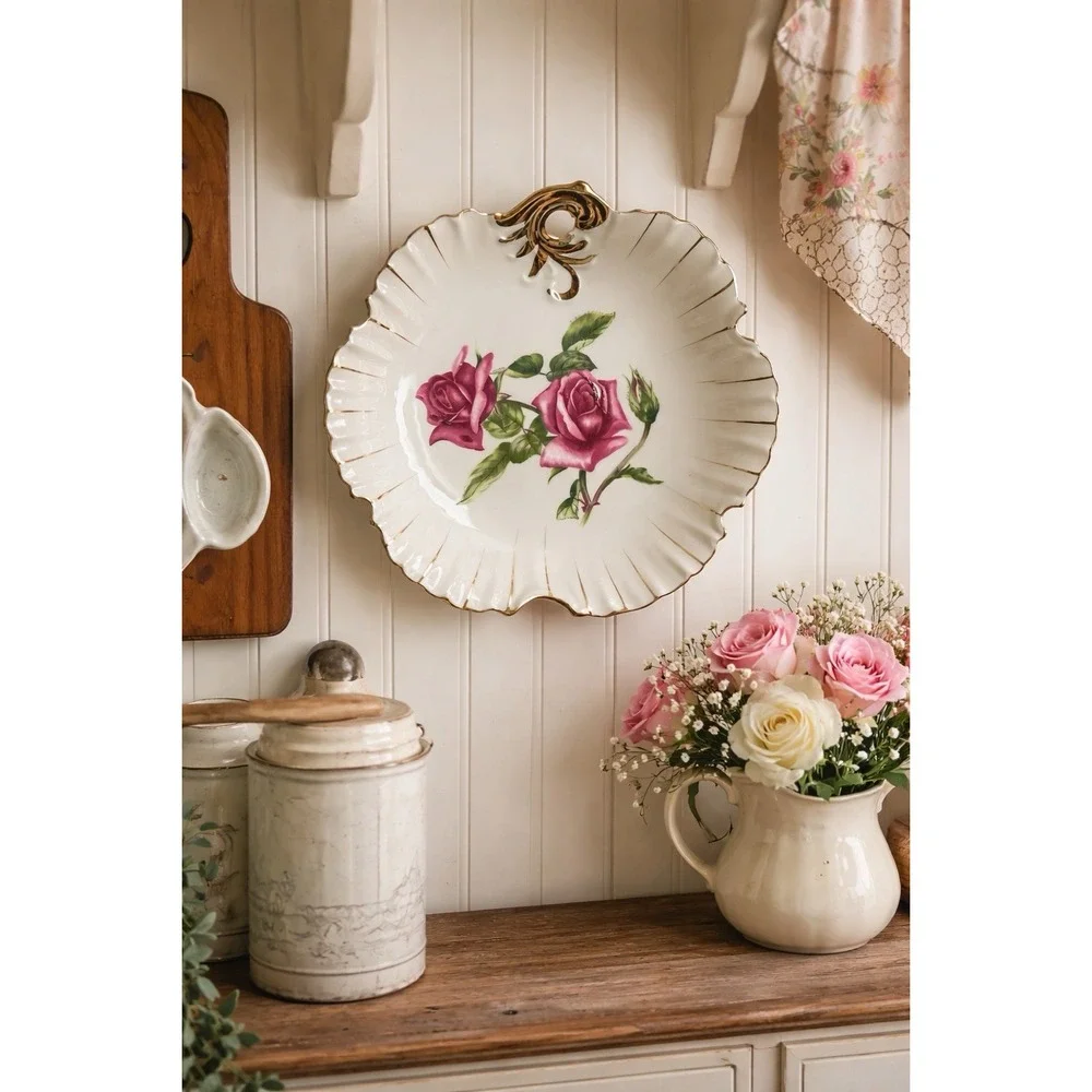 Vintage Hanging Scalloped Edge Floral‎ Dish Roses Gold Trim White Porcelain